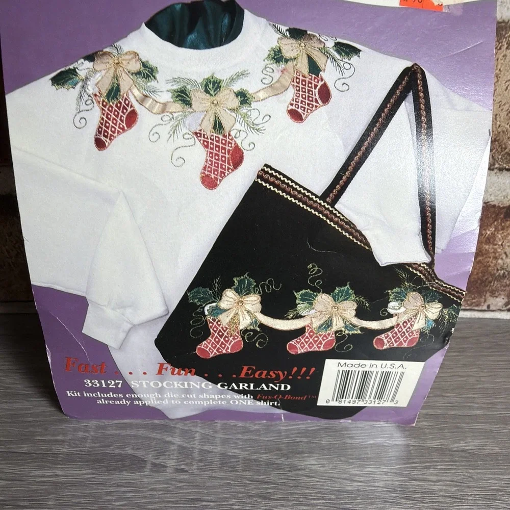 VTG Glitzy Shirts Iron On Applique Kit Stocking Garland Ugly Christmas Sweater